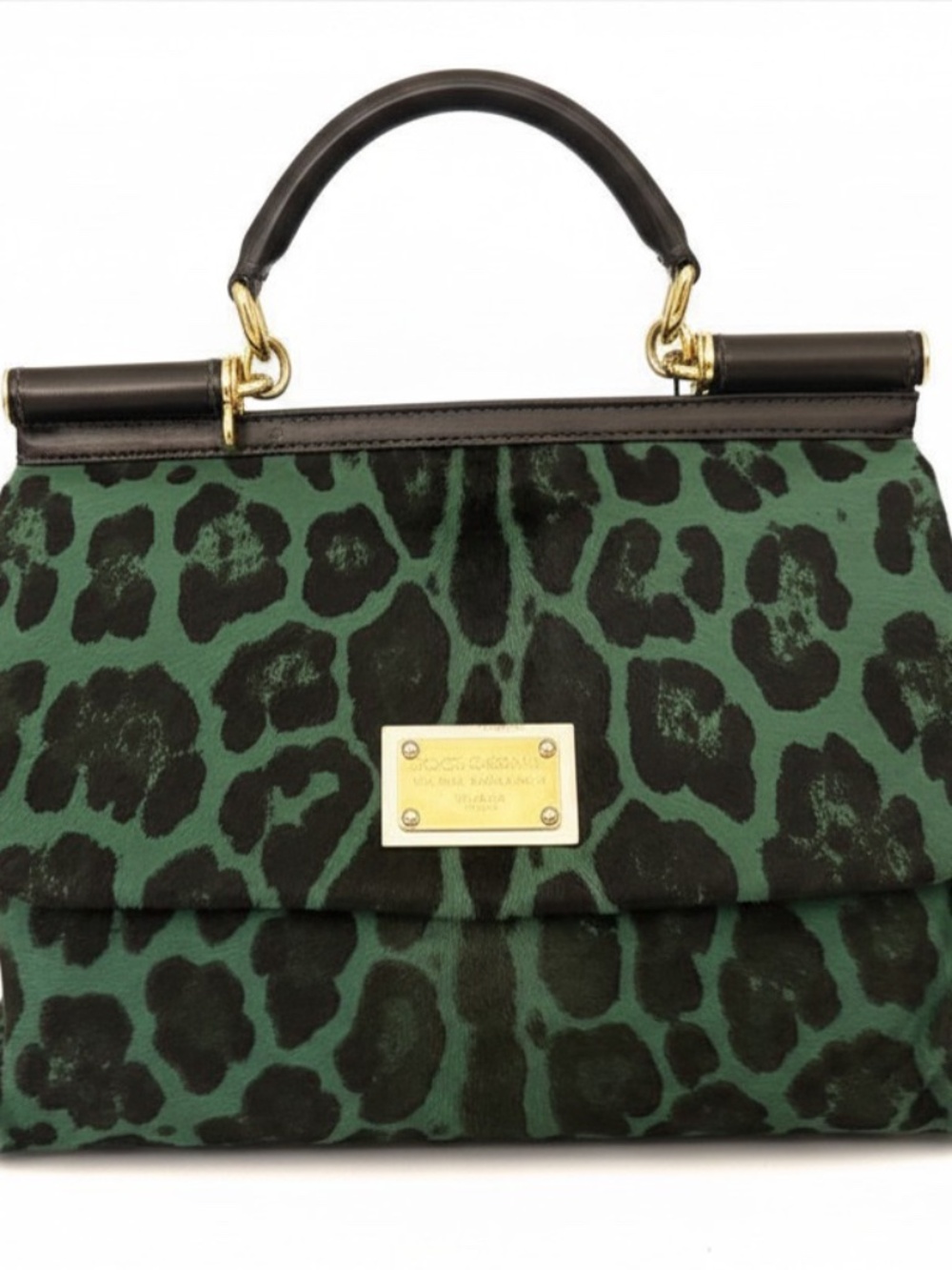 Dolce and Gabbana Green Pony Hair Leopard Sicily Top Handle Bag